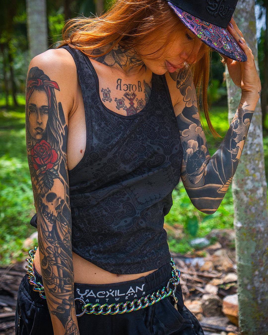 Tank Top Woman / Black Cotton Shinke - MAYAN CODEX Galactik Spine
